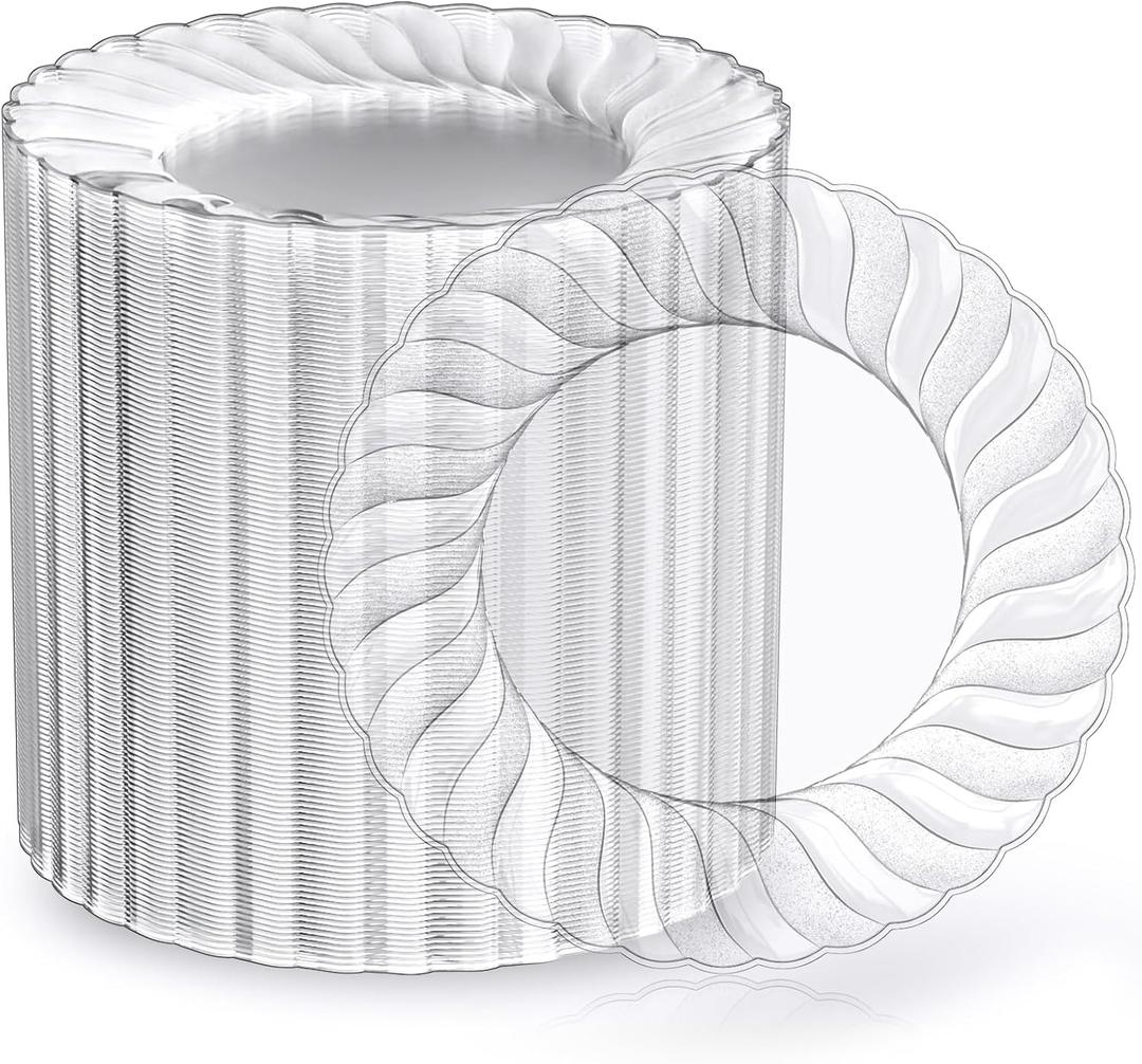 FOCUSLINE 100 Count 6 Inch Clear Plastic Plates, Disposable Heavy Duty Salad Dessert Plates- Premium Hard Plastic Plate Fancy Disposable Clear Plate for Weddings, Parties and Events