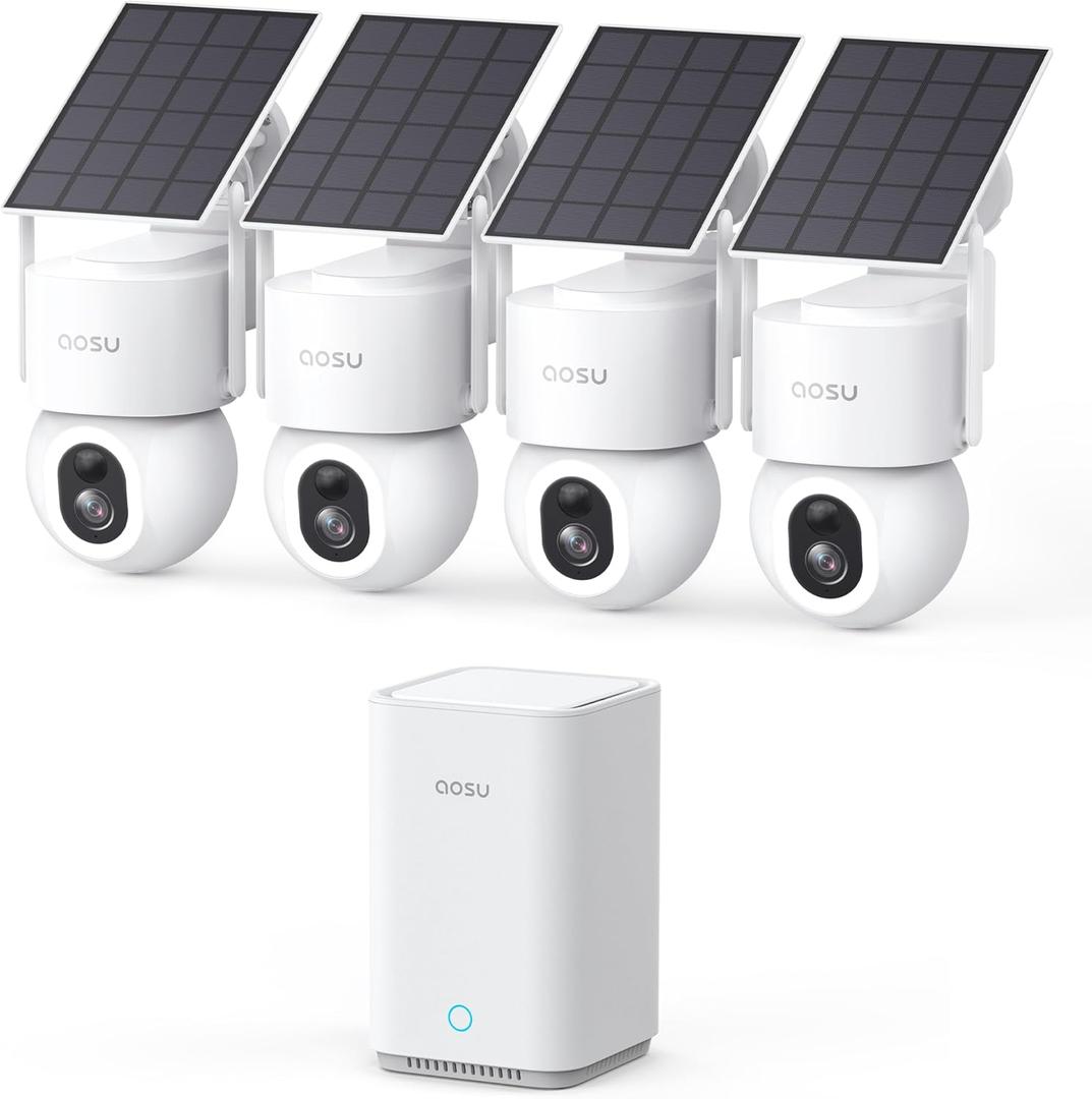aosu SolarCam D1 Max 4-Cam Kit, 4K Solar Security Cameras Wireless Outdoor, 360 PTZ Auto Tracking & Vehicle Detection, Color Night Vision, No Subscription Required, 1TB Expandable Storage
