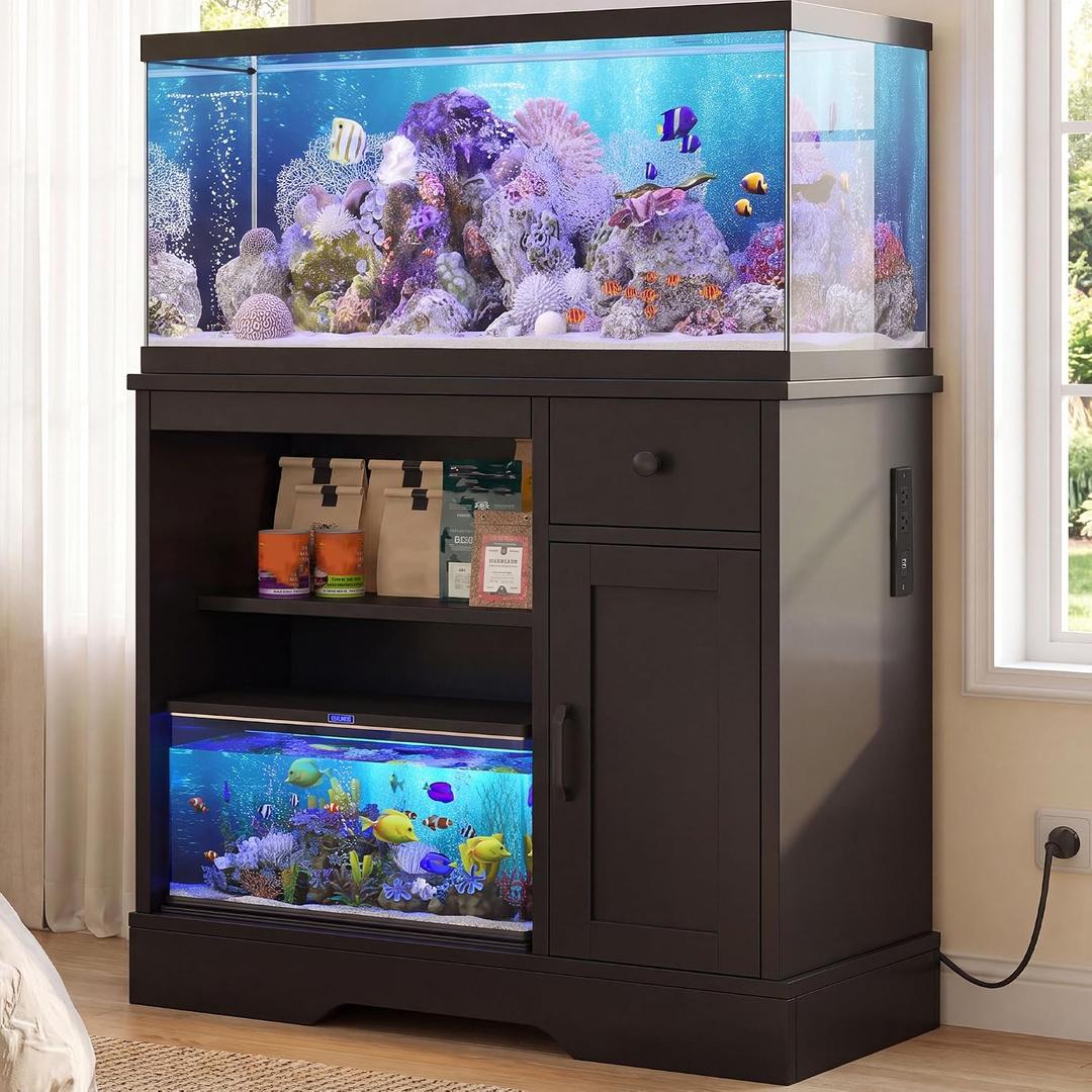 Heybly 20-29-37 Gal Fish Tank Stand with Power Outlets & Cabinet HAS012BK