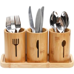 Lyellfe Silverware Holder, Bamboo Utensil Organizer with Tray, Rustic Farmhouse Kitchen Cutlery Flatware Holder Organizer for Spoons, Knives and Forks, Ideal for Kitchen and Restaurant