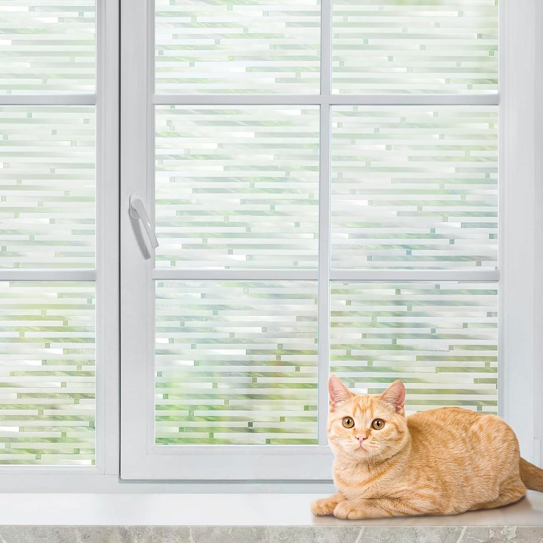 rabbitgoo Window Privacy Film, Frosted Glass Window Film Sun Blocking, Static Cling Privacy Decorative Cling Non-Adhesive Glass Covering, Striped Tint with Rainbow Square, 17.5 x 78.7 inch
