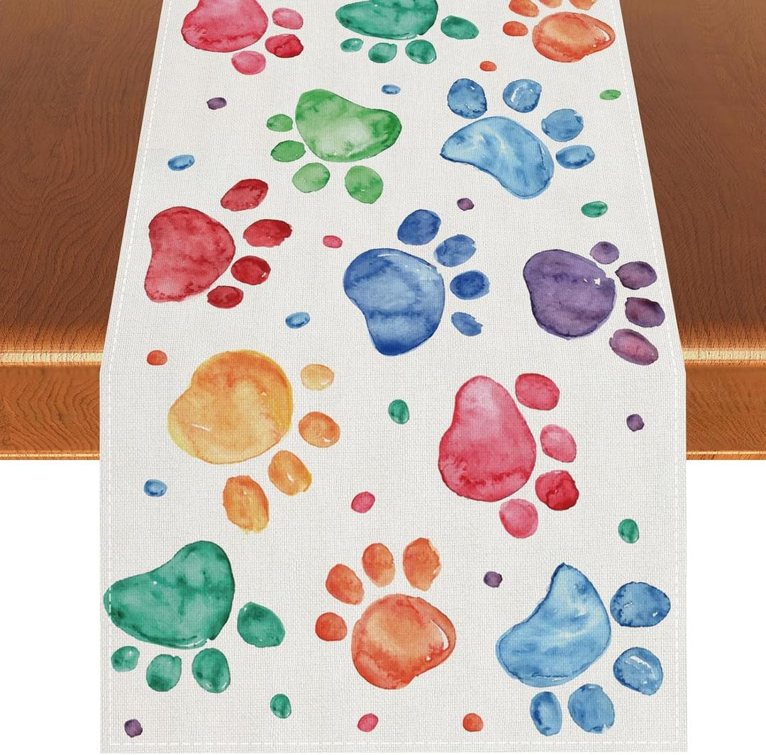 Watercolor Colorful Paw Prints Table Runner Happy Birthday Tablecloth Holiday Party Decorations and Supplies for Home Kitchen Table-1372''