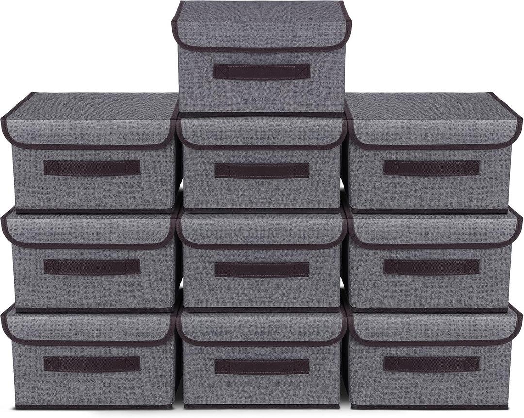 Nuogo 10 Pcs Gray Fabric Storage Bins with Lids Foldable Boxes Decorative Container Baskets for Organizing Clothes Closet Home Office Bedroom Toy, 10.2 x 7.5 x 6.3 in