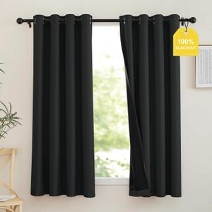 NICETOWN 100% Blackout Curtains 63 inch Long, Grommet Lightweight Thermal Curtains Portable Window Treatments Total Privacy Blackout Shades for Travel, Jet Black, W52 x L63, 2 Panels