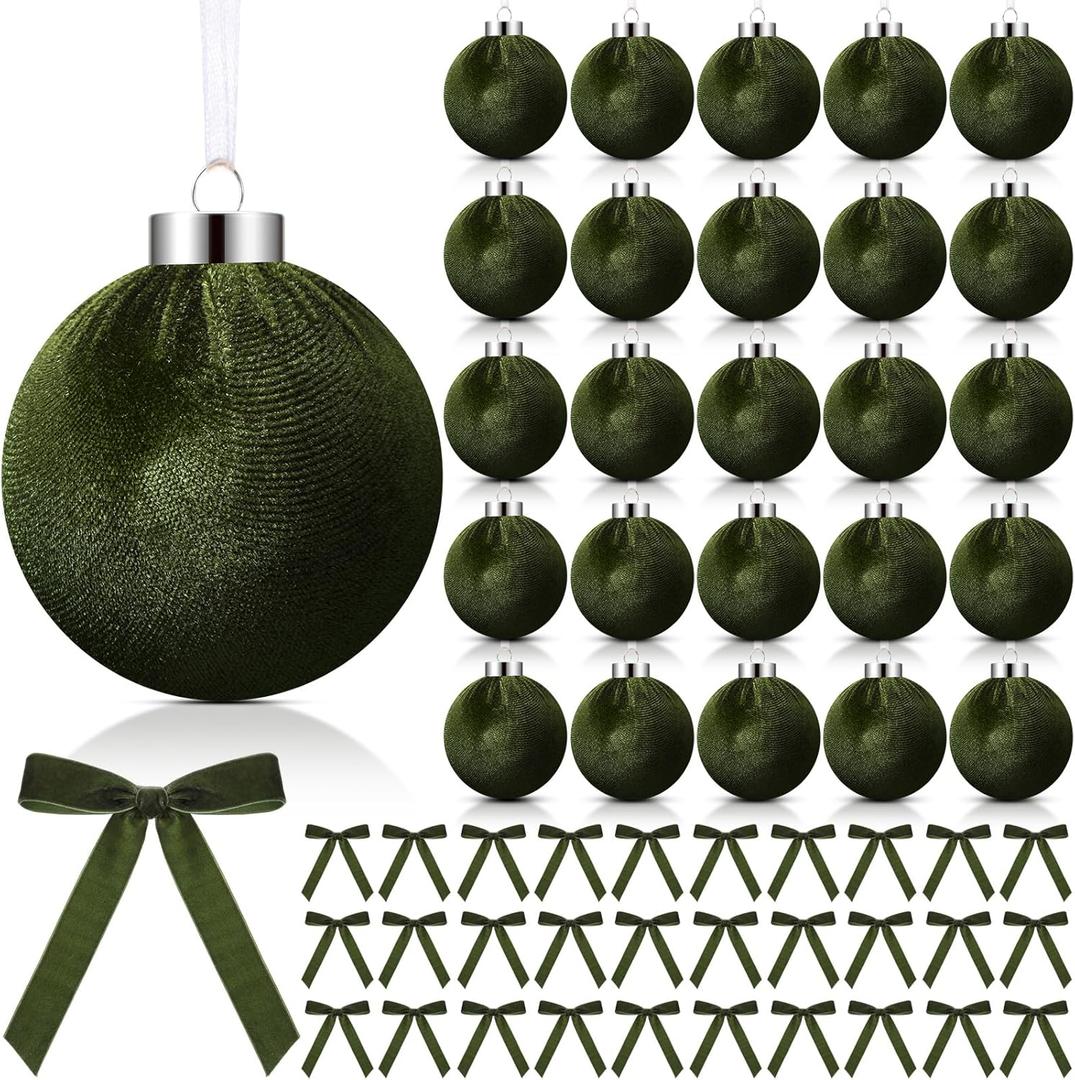 Wettarn 30 Sets 3.15 Inch Velvet Christmas Ornaments Balls Sets for Christmas Tree, Includes Velvet Balls & Bows for Xmas Tree Wreath Garland Vintage Holiday Hanging Decor (Green)