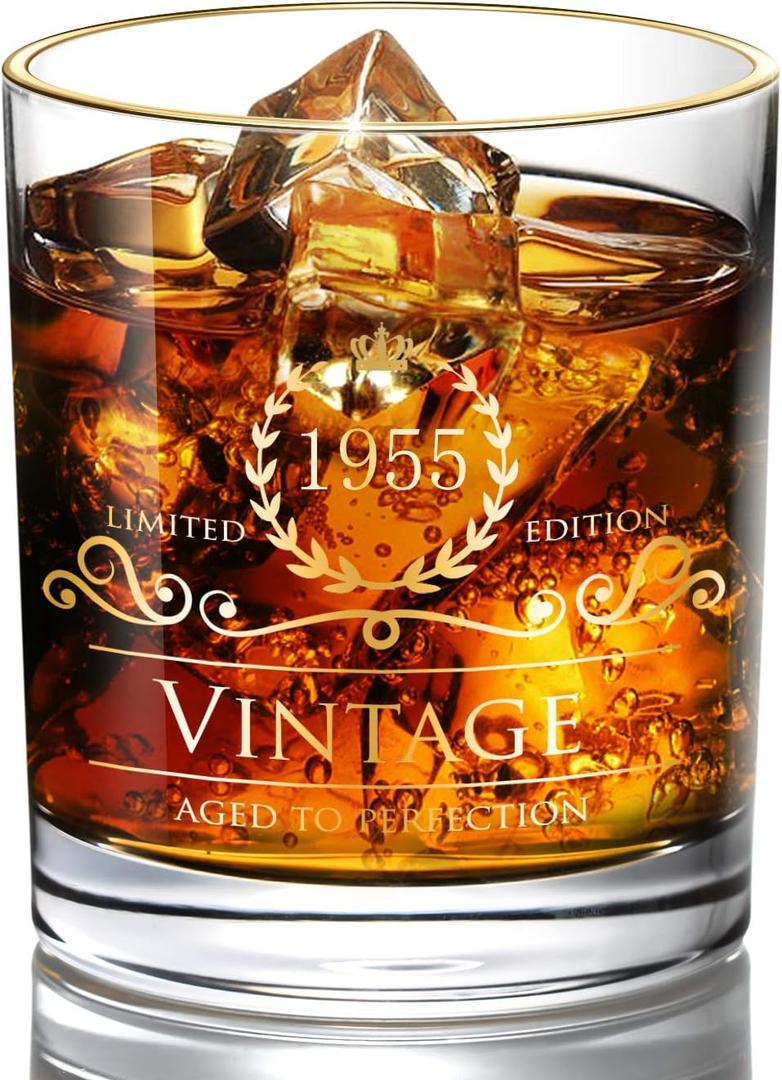 1955 70th Birthday Gifts for Men/Dad/Son, Vintage Unfading 24K Gold Hand Crafted Old Fashioned Whiskey Glasses, Perfect for Gift and Home Use - 10 oz Bourbon Scotch, Party Decorations