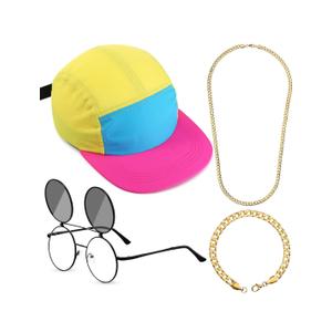 Cindeer 4 Pcs 80 90s Hip Hop Accessories for Women Men Neon Hat Outfit Sunglasses Gold Chain Bracelet for Party