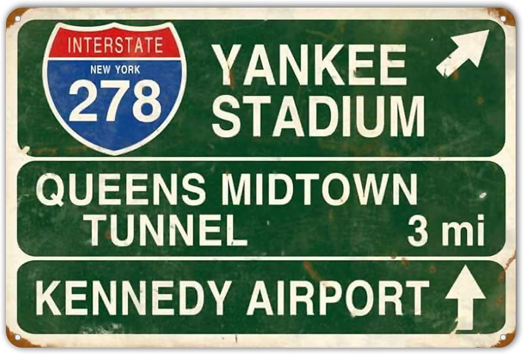 HomDeo Retro Yankee Metal Tin Sign Stadium Queens Midtown Tunnel 3 Miles Street Sign Bar Club Decor Pub Man Cave Wall Hanging Decoration 12x8 Inches