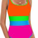 BMJL Women's One Piece Swimsuit Sports Adjustable Strap Bathing Suit Color Block Ribbed High Cut Swimsuits (Rainbow Orange Pink) Size S