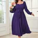 SCOMCHIC Women Plus Size Maxi Dress Long Sleeve Square Neck Wedding Guest Cocktail Belted Elegant Flowy A Line Long Dresses, 2XL