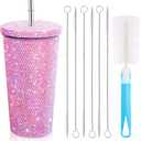 Mimorou Studded Bling Diamond Tumbler Glitter Water Bottle with Lid Stainless Steel Vacuum Thermal Straw Rhinestone Tumbler with 1 Pcs Cup Brush 6 Pcs Straw Brushes for Women(16.9 oz, AB Pink)