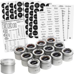 Talented Kitchen Magnetic Spice Jars for Refrigerator - 3oz Metal Spice Containers with Sift-and-Pour Lids (12 Magnet Jars, 269 Preprinted Labels, 2 Label Styles)