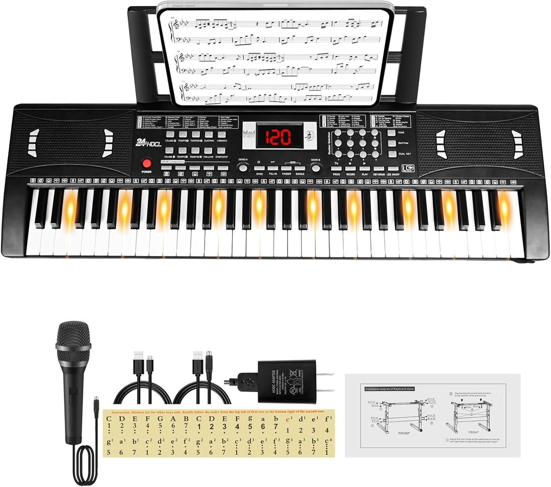 Kids Piano Keyboard, 61 Lighted Keys Electric Digital Keyboard Piano Kit 100 Voices, 100 Rhythms with Microphone, Gift for Children, Black