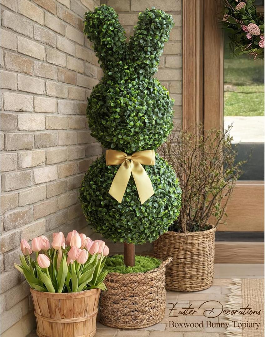 Easter Decorations - 3 Ft Boxwood Bunny Topiary with Bow - Artificial Bunny Shaped Tree with Planter Pot for Indoor Outdoor Decor - Spring Decoration for Home Yard Front Door Porch Mantle Party