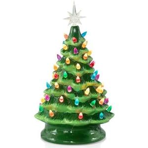 Brightown 13 Inch Ceramic Christmas Tree, Pre-lit Tabletop Christmas Tree with Multicolored LED Lights, Battery Operated Vintage Lighted Ceramic Tree for Home Office Table Holiday Decorations, Green