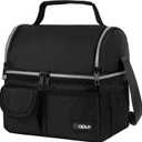 opux Insulated Lunch Bag Women Men, Dual Compartment Leakproof Lunch Box Adults Kids, Double Decker Meal Prep Bento Lunch Cooler Tote with Shoulder Strap for Work Office School Travel, Black