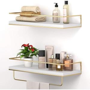 Shario White Floating Shelves  Set of 2, Wall Mounted Hanging Shelves with Golden Towel Rack, Decorative Storage Shelves for Bathroom, Kitchen, Living Room & Bedroom (White Gold, 15.7 Inches)