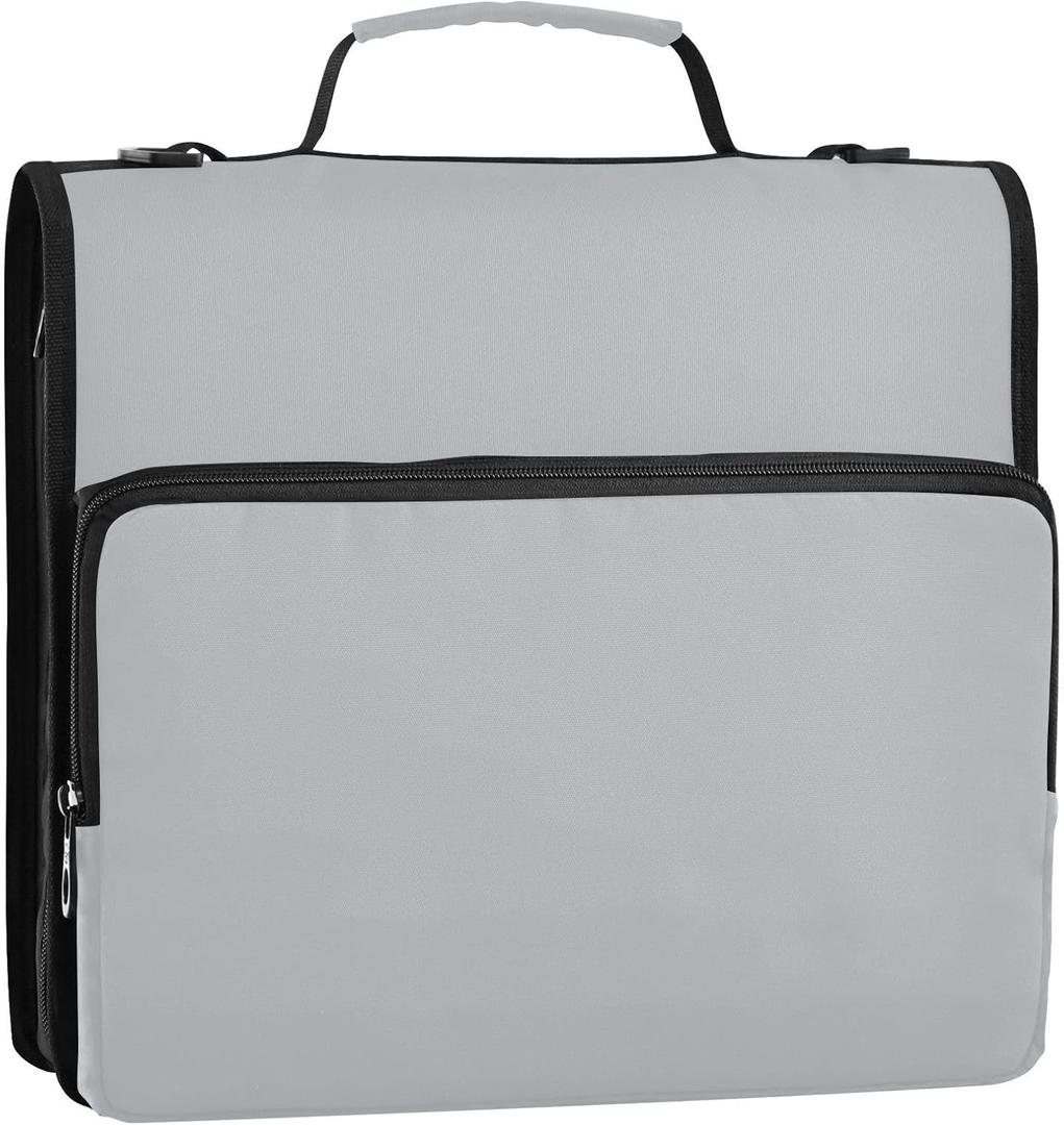 Pale Grey 3 Ring Zipper Binder 1.5 Inch D-Ring Binder with Zipper Pocket Shoulder Strap 500 Sheets Expanding File Folder Binders Organizer for Office School