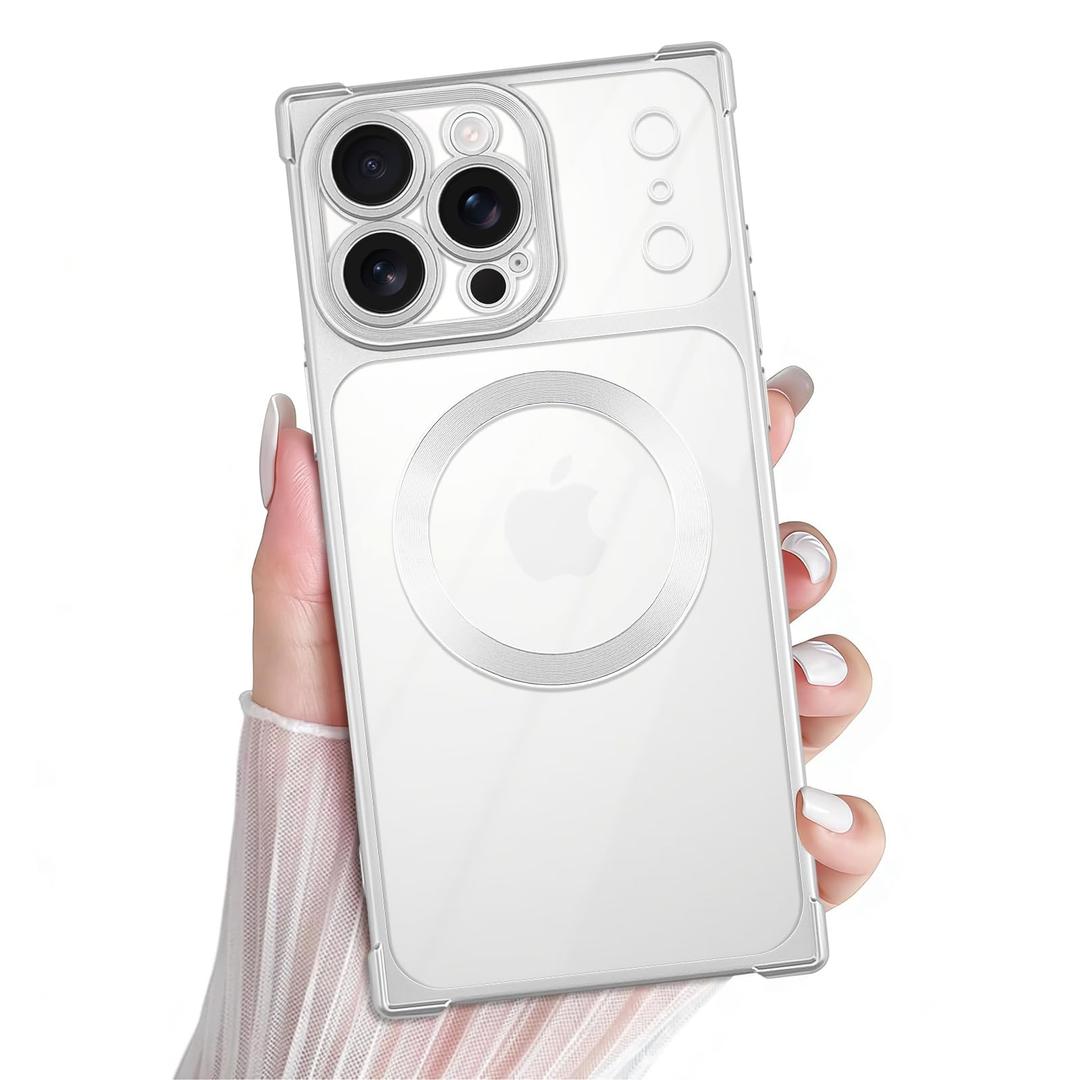PSIOXY Clear Magnetic Phone Case for iPhone 16 Pro Max Rectangle Silver