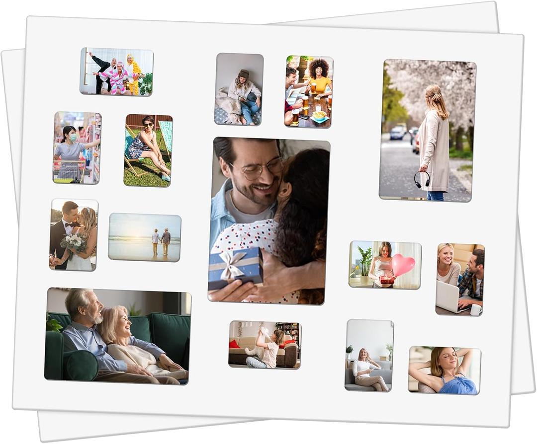 Weysat 2 Pcs 16 x 20 Inch Collage Picture Mat for 3 Sizes Photos or Pictures, 15 Opens Specialty Collage Mat with Rounded Corners for 3 x 2/5.8 x 3.8/4.8 x 6.8 Inch Pictures, Matting Only