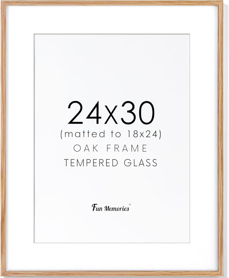 Fun Memories 24x30 Oak Wood Picture Frame, 24"x30" Poster Frame for Wall, Rustic Wood Frame 24x30 with Real Glass, 24 x 30 Frame with Mat for 18 x 24, Large Art Frames (Beige Oak Color, 1 Pack)