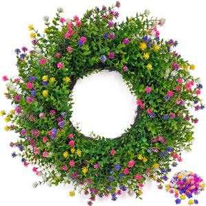 24 Inch Spring Wreaths for Front Door  Weatherproof 5-in-1 Multi-Color Farmhouse Flower Wreath with Interchangeable Extra Color Bag  Boxwood Greenery Floral Wreath for Home Dcor Outdoor Indoor