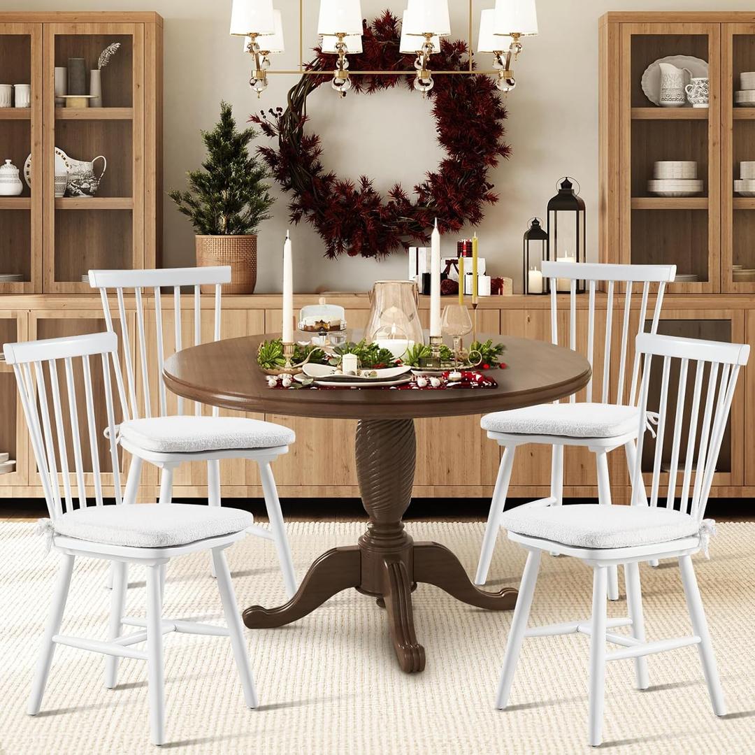 COLAMY Windsor Dining Chairs Set of 2, Upholstered Kitchen Chairs with Spindle Back, Wood Dining Chairs with Removable Cushions, Farmhouse Side Wooden Chairs for Dining Room Kitchen Restaurant, White