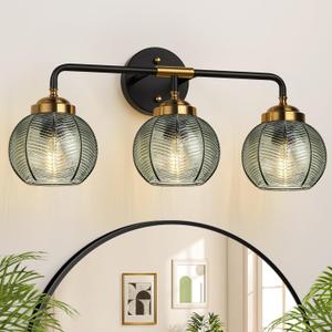 MOKATNG Bathroom Light Fixtures, 3Light Green Vanity Lights with Unique Leaf Texture Glass Shade, Modern Matte Black and Gold Bathroom Wall Lamp for Mirror Hallway Cabinet Living Room