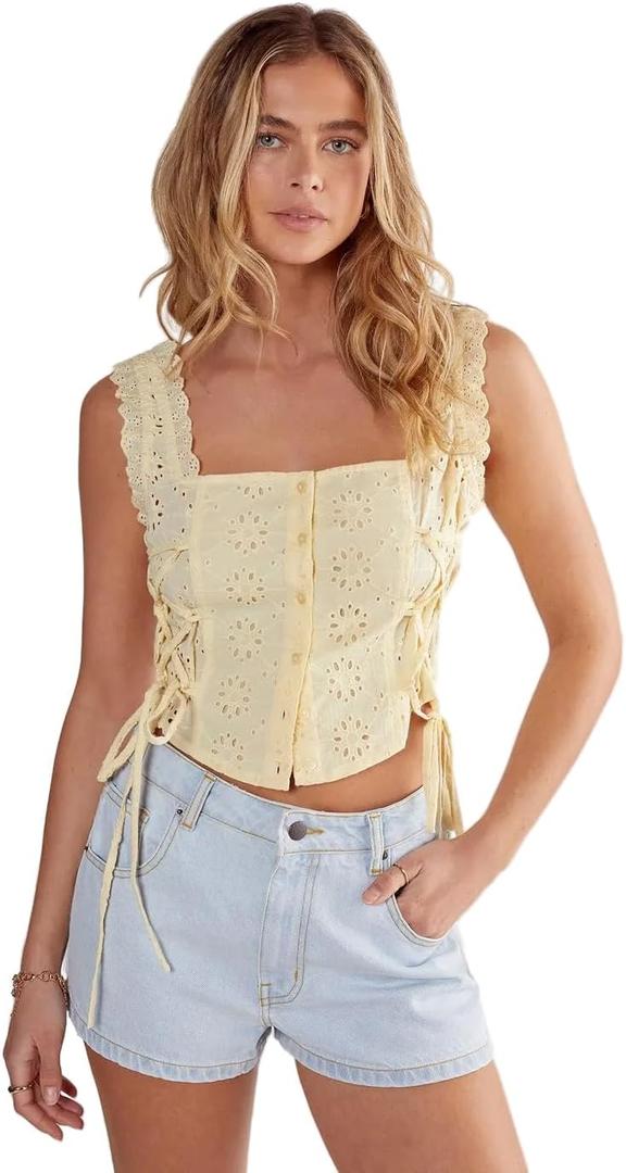 Nasty Gal Women's Soft Corset Broderie Lace Up Side Top (4, Lemon)