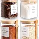 Set of 4 Square Glass Jar with Bamboo Lids and Spoons  Airtight 27 oz Borosilicate Glass Food Storage Contaienrs with 132 Kitchen Pantry Labels for Coffee, Tea, Sugar