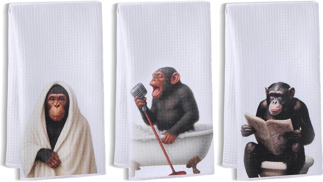 Tudomro 3 Pcs Funny Chimpanzee Monkey Gifts Hand Towels Chimpanzee Monkey Decor Decorative Waffle Weave Kitchen Towels for Bathroom Kitchen Housewarming Gift, 16 x 24 Inch