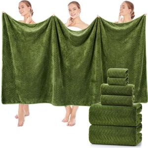 SmoothNovelty Set of 6 Extra Large Bath Towel 40 x 80 Inches Oversized Bath Sheet with 2 Shower Towels 2 Hand Towels 2 Washcloths for Adults Bathroom Spa Gym Quick Dry(Chevron Design,Olive Green)
