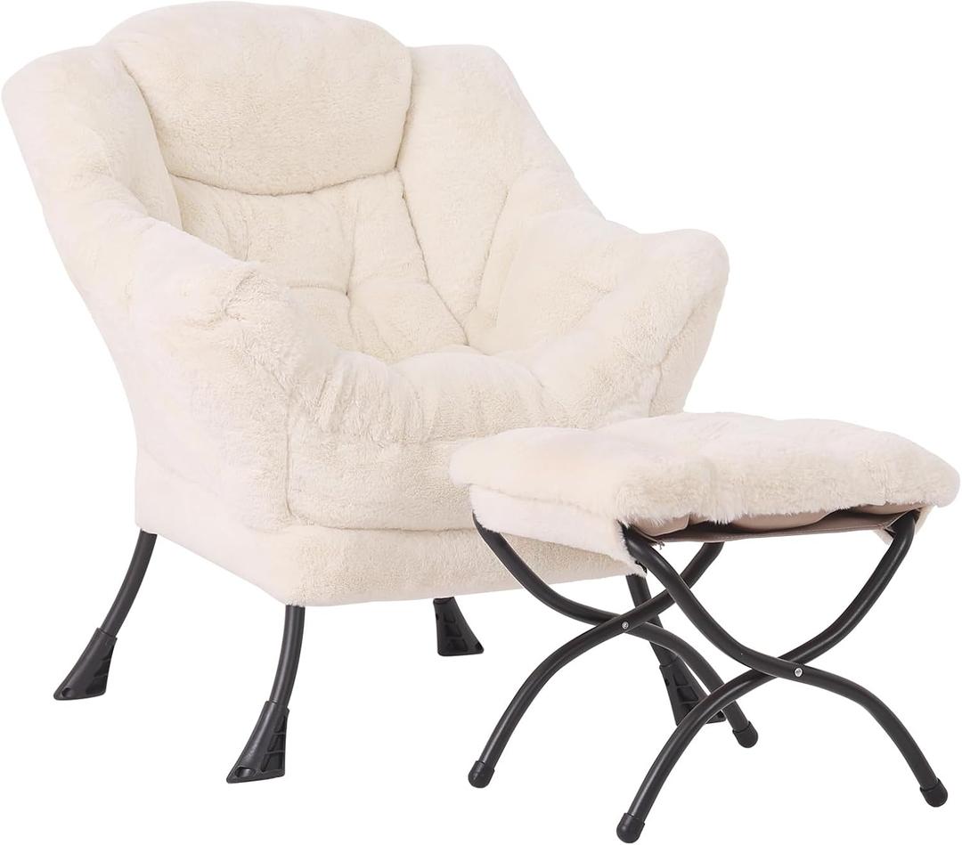 Lazy Chair with Ottoman, Modern Accent Chair Sofa Chair with Armrests, Reading Chair and Folding Footstool for Living Room, Bedroom, Office, Plush Beige, 31.5 x 25.2 x 37.4 inches