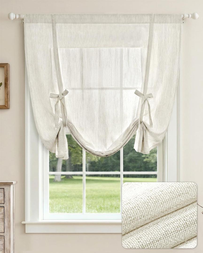 LazBlinds Tie Up Curtains, Linen Privacy Thermal Insulated Balloon Roman Shade Bathroom Window Curtain, Adjustable Rod Pocket Drape for Kitchen, Living Room, Bedroom (34" W x 47" L, Linen)