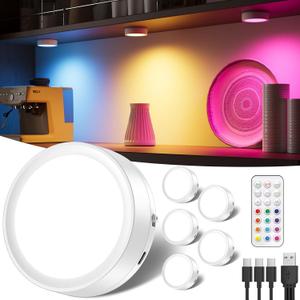 USB Rechargeable RGB Puck Lights with Remote, Color Changing 2400mAh Battery Powered Tap Light Classroom Magnetic Push Light Stick On Closet Lighting Wireless LED Shelf Lights Under Cabinet Touch Lamp (6 Pack)