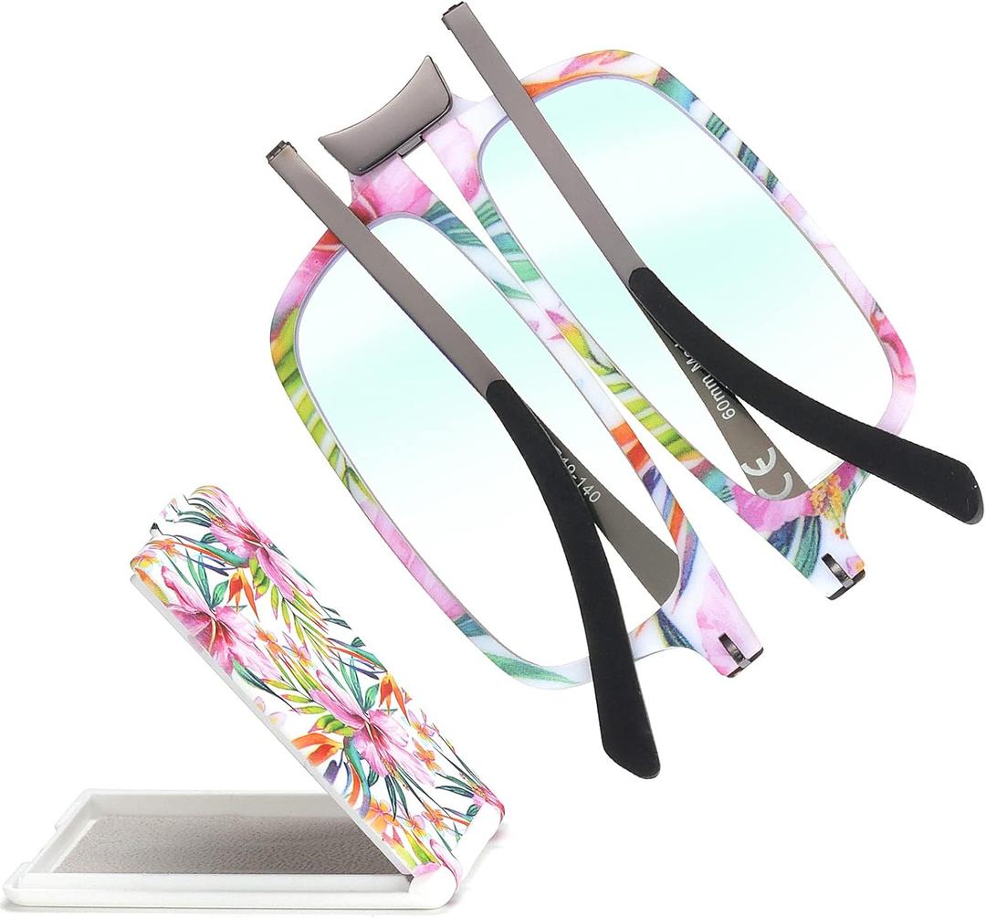 Missfive Modern Folding Reading Glasses For Women Men Blue Light Blocking, Anti UV,Eyestrain Fashion Pattern Print, Foldable Thin Lightweight Portable Readers Pocket Travel Eyewear,+1.75x,Flower