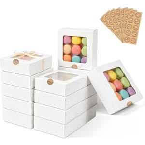 Homrelaxy 70 Pcs White Bakery Boxes with Window - 8x8x2.5 Inches Cardboard Cookies Boxes with Stickers for Macaroon, Pastries, Donuts, Cupcakes, Cookies and Chocolate Strawberries