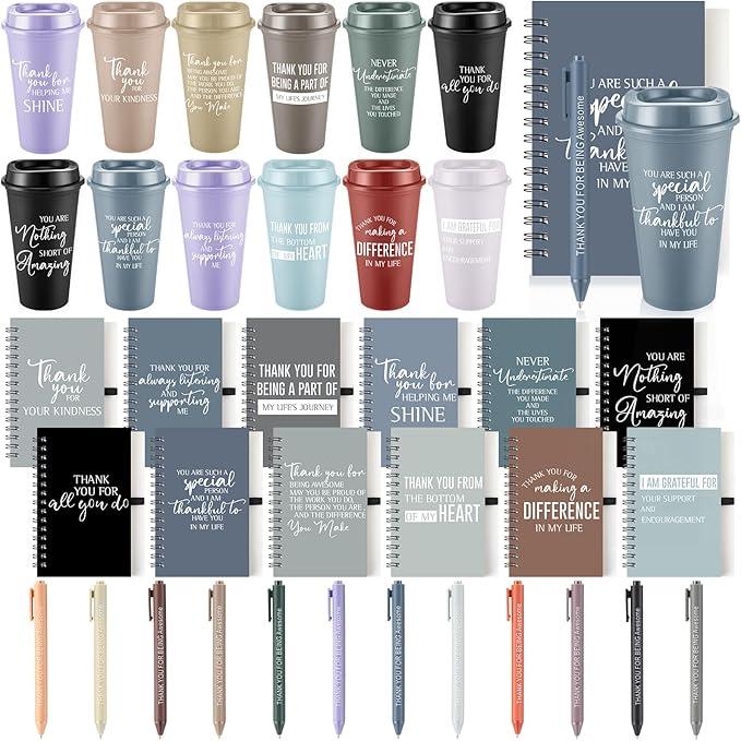 LemonRoad 36 Pcs Employee Appreciation Gifts Set,Staff Coworker Gift Bulk 16 Oz Plastic Tumbler Cups with Lid Straw Spiral Notebook Pen Thank You Gift for Team Office (Lively,Morandi)