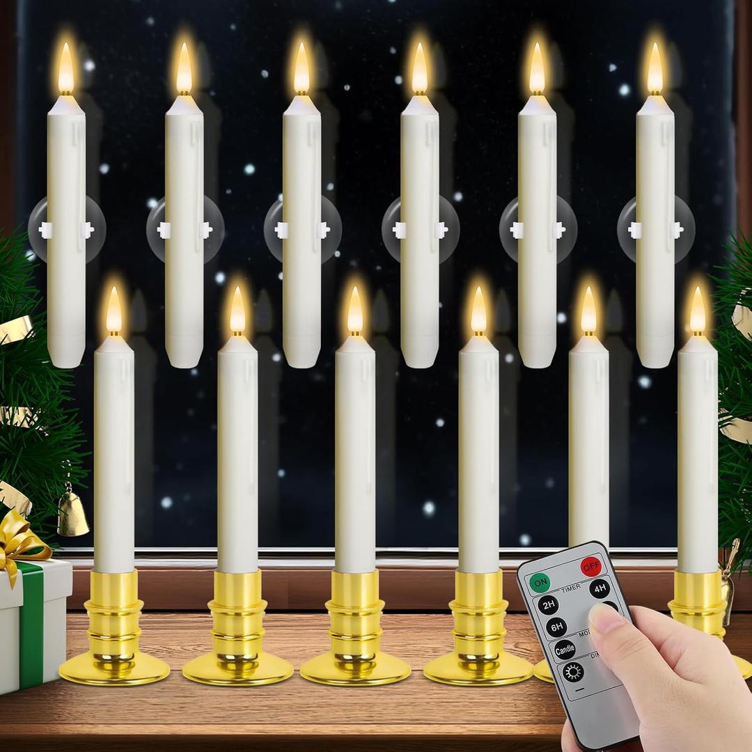 Verdenu Christmas Window Candles, 12 PCS Battery Operated Flameless LED Window Lights with Remote & Timer, 3D Flickering Taper Candle for Wedding Party Decorations