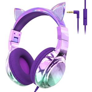 QearFun Kids Cat Ear Headphones Wired with Mic, 85/94dB Safe Volume Limit, Sparkly Wired Headset, Foldable, Sharing Port & Tangle-Free Cord for School, Chromebook, Tablet, Travel, Boys & Girls