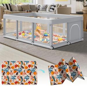 74"x50" Large Baby Playpen, Baby Playard for Babies and Toddlers, Play Pens for Indoor & Outdoor, Sturdy Safety Play Yard with Soft Breathable Mesh, Anti-Fall, Grey (with MAT)