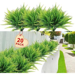 20 Bundles Artificial Boston Fern Plants  Lifelike UV Resistant Fake Plants for Outdoor & Indoor, Faux Greenery Stems for Garden, Porch, Patio, Yard, Home, Office Decor