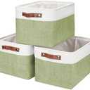 Bagnizer Storage Bins Large Fabric Storage Baskets for Shelves 3 Pack, Decorative Linen Closet Baskets with Handles for Organizing, Shelf, Clothes, Home, Office, 15x11x9.5Inches (Green&White)