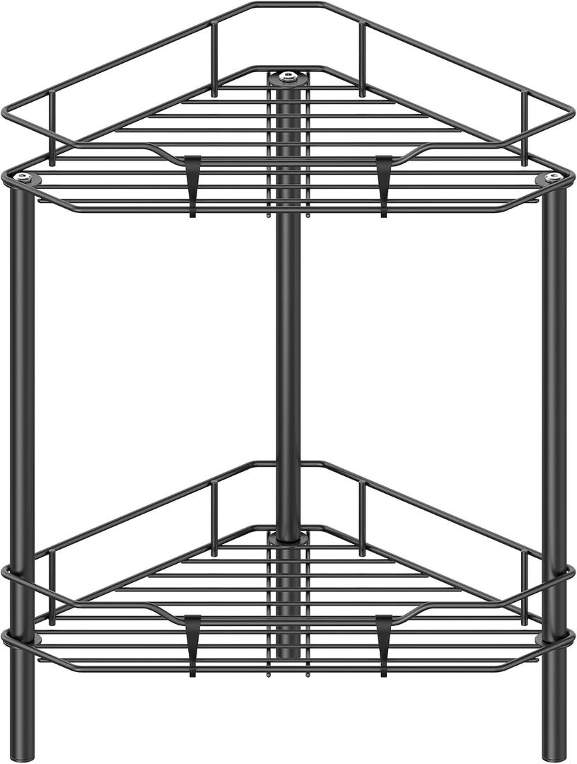 HuggieGems 2 Tier Floor Standing Corner Shower Caddy Organizer Shelf with Hooks, Bathroom Shelves Stand Rack, Black
