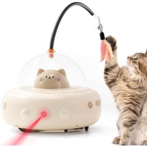 Li&Zhao Interactivity Cat Toy - Automatic Laser Feather Cat Toy, Rechargeable 2 in 1 Cat Electric Toy for Boring Indoor Adult Cats/Kittens(Beige)