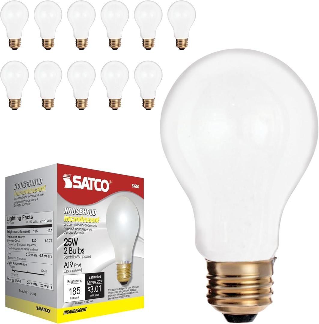Satco S3950 A19 Incandescent Bulb, 25W, 130V, Frosted Finish, 180 Lumens, Medium E26 Base, Dimmable, 2700K Warm White, 2,500 Hour Lifespan (12 Bulbs)