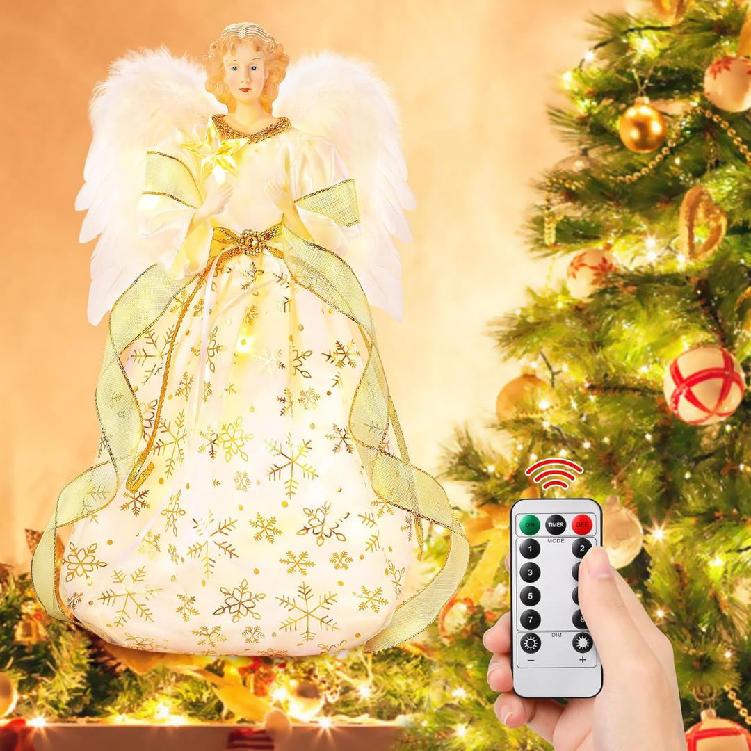 Christmas Tree Topper, 15" Angel Treetop with Lights and Remote Control Timer, Christmas Tree Decoration for Holiday Ornament and Home Decor, Gold