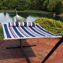 Sunnydaze Quilted Double Hammock for Outside with Spreader Bars and Pillow - 450 lb Capacity, 74x55 Inch Bed, UV Resistant, Quick Dry - Chains Included, Stand Sold Separately - Nautical Stripe