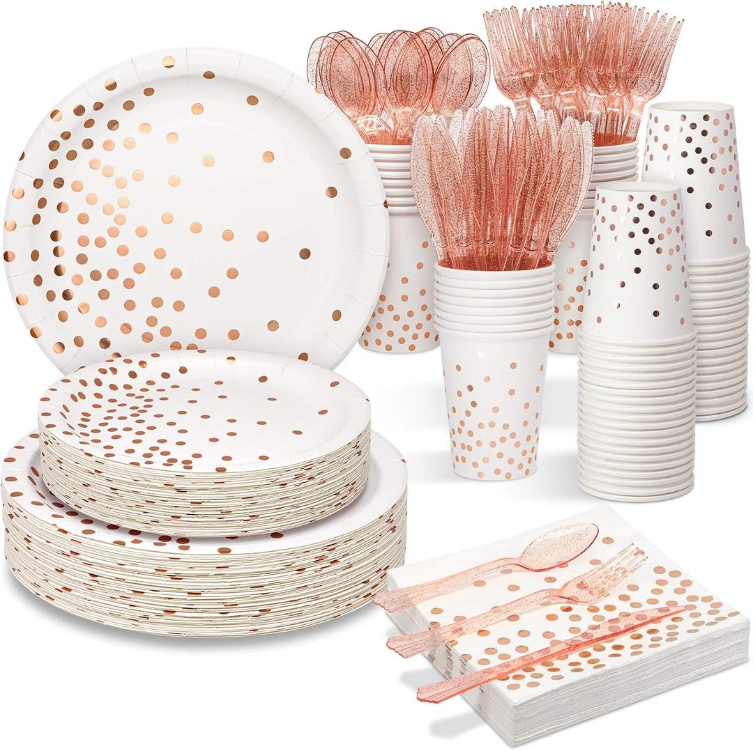 Partylamb White & Rose Gold Party Supplies, 350PCS Disposable Dinnerware Set with Plates Napkins Cups Forks Knives Spoons for Girl Women Birthday Baby Bridal Shower Graduation Wedding Party Decoration