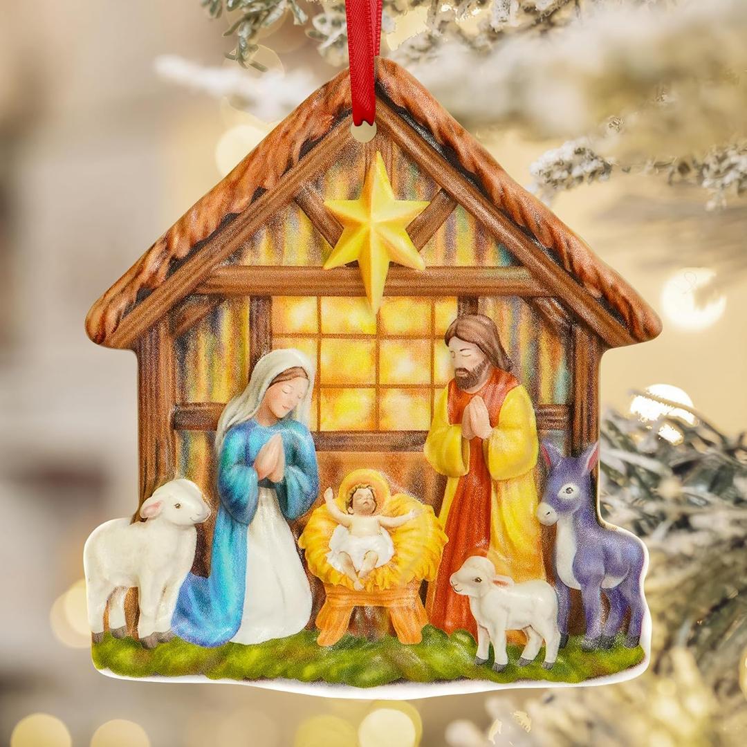 TEEZWONDER Christmas Christian Gifts for Women Men - O Holy Night 3D Porcelain Nativity Christmas Ornaments 2025 - Catholic Religious Gifts for Women Christian, Nativity Ornaments Stocking Stuffers